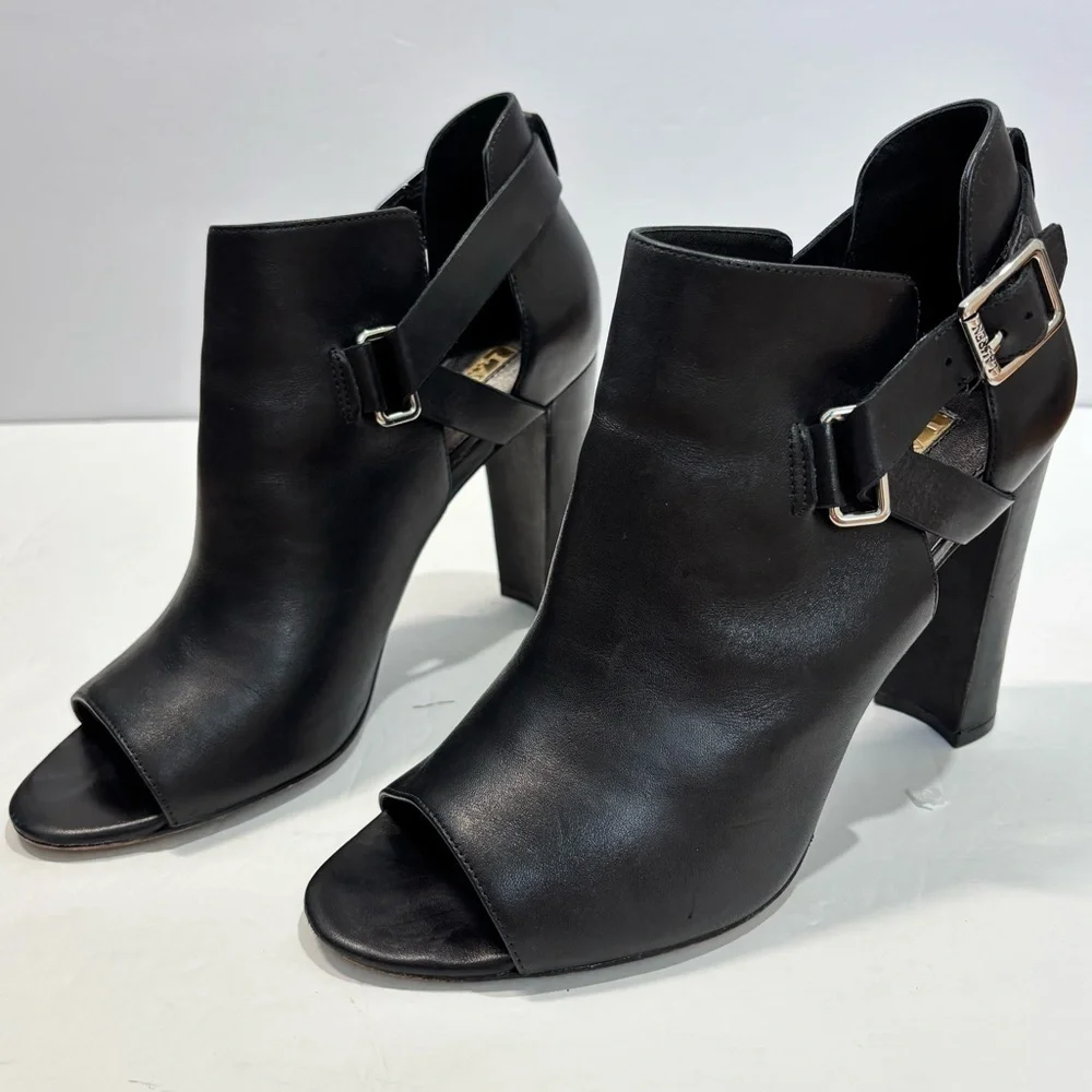 Lauren Ralph Lauren Kadence Black Leather Block Heel Open Toe Ankle Boot sandal